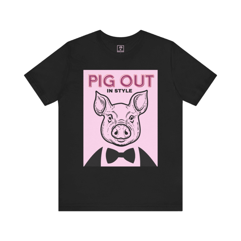 Pig Out In Style Pink t-shirt, black color, front view.