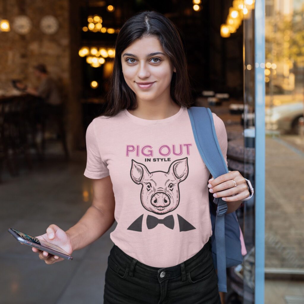 Pig Out In Style t-shirt worn by a woman.