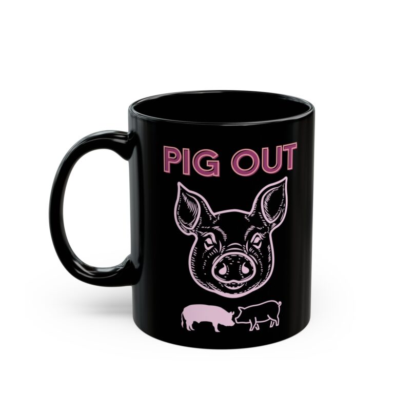 Pig Out 11oz ceramic mug, left side.