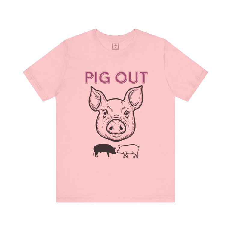 Pig Out t-shirt, pink color, front view.