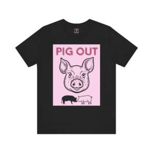 Pig Out Pink t-shirt, black color, front view.