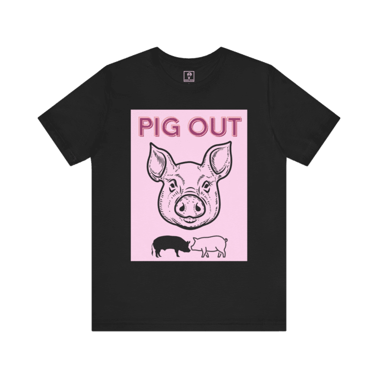 Pig Out Pink t-shirt, black color, front view.