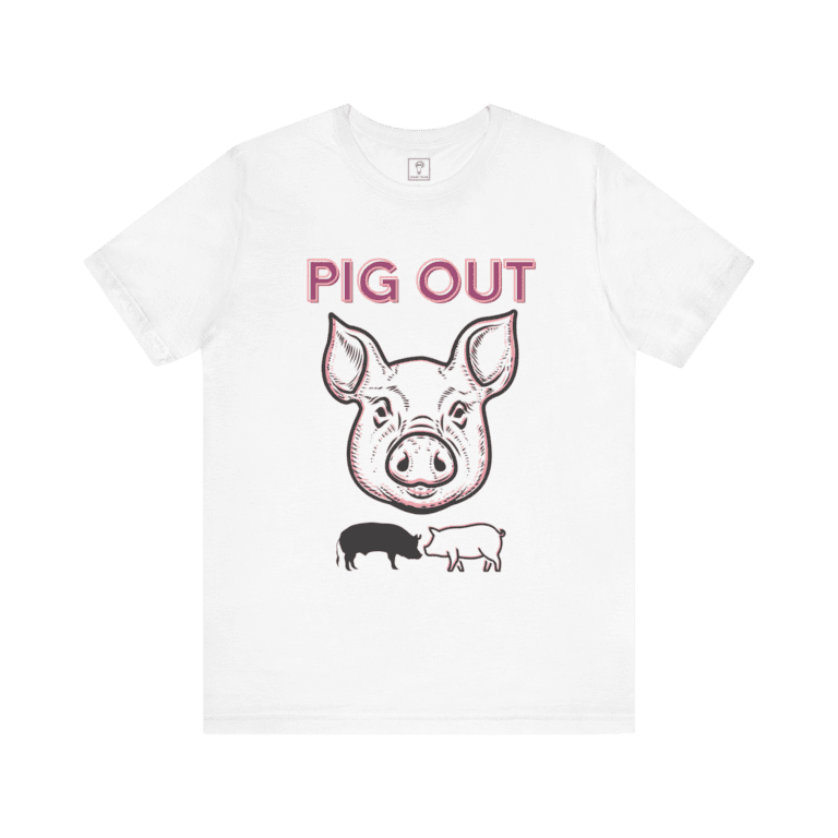 Pig Out t-shirt, white color, front view.