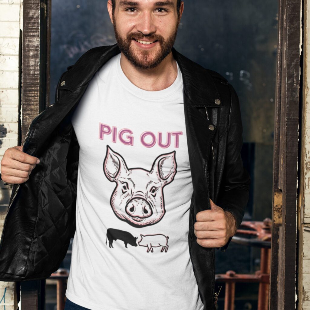 Pig Out t-shirt worn by a man.