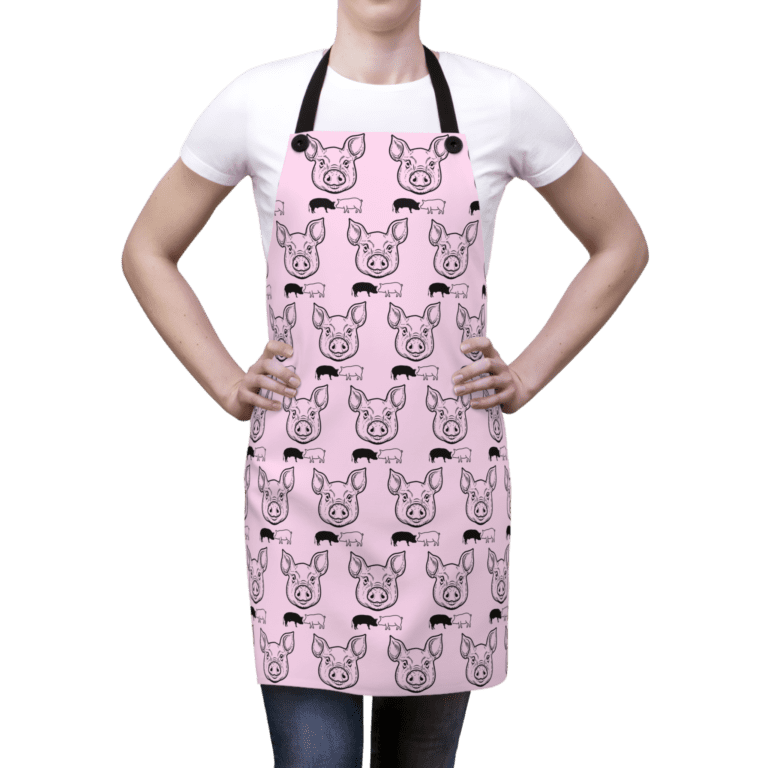 Piggy apron worn by a woman.