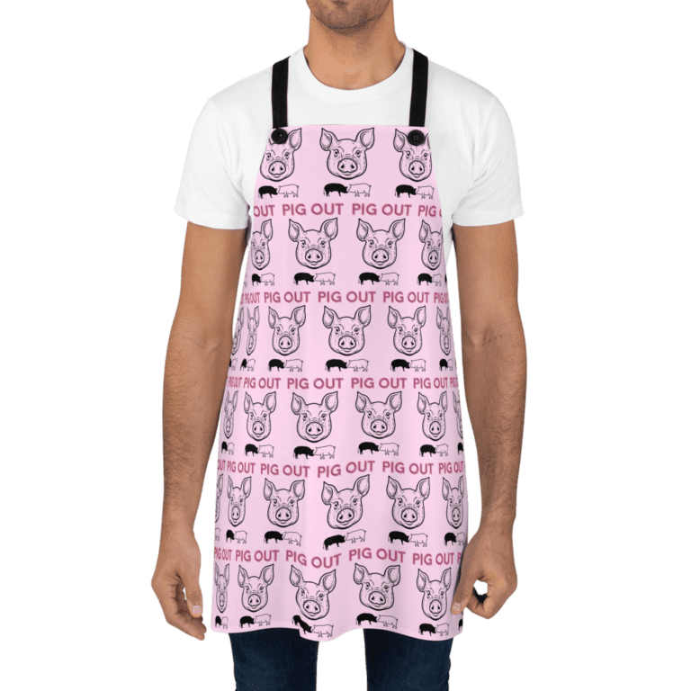 Pig Out apron worn by a man.