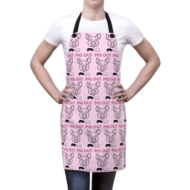 Pig Out apron worn by a woman.