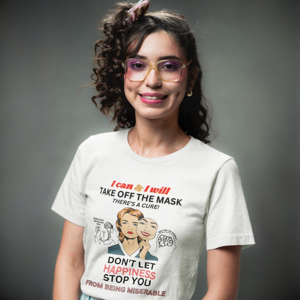 Take Off The Mask t-shirt worn by smiling girl.