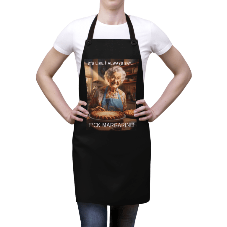 Granny's Margarine CENSORED apron worn by a woman.