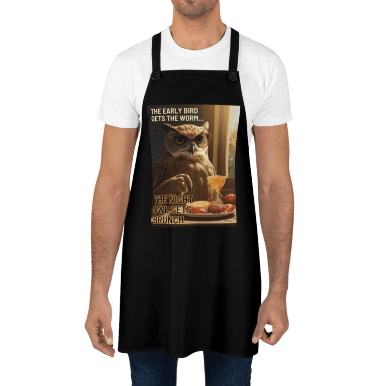 Night Owl apron worn by a man.