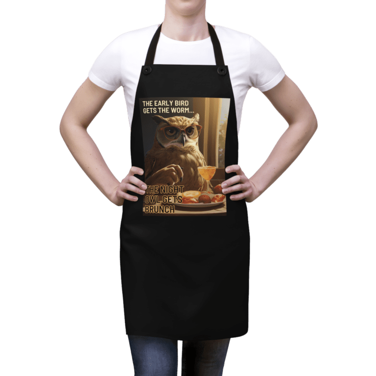 Night Owl apron worn by a woman.