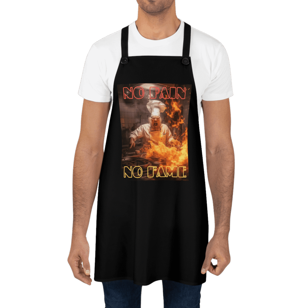 No Pain No Fame apron worn by a man.