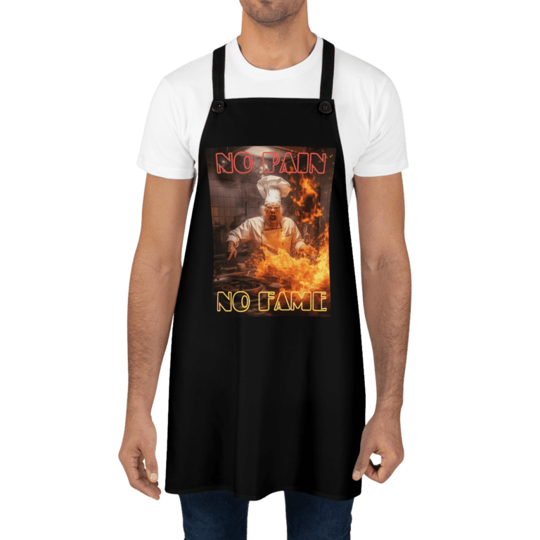 No Pain No Fame apron worn by a man.