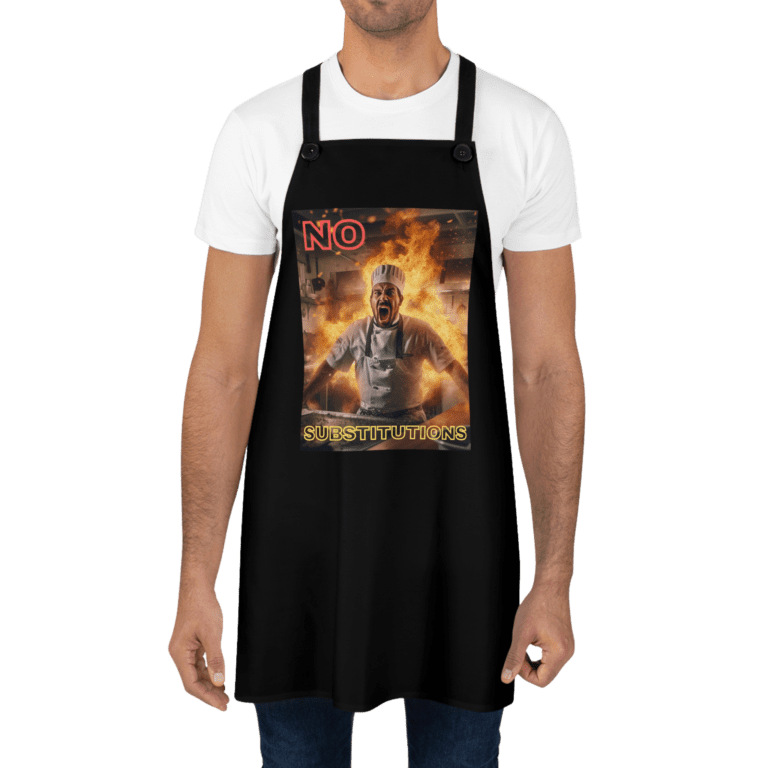 No Substitutions apron worn by a man.