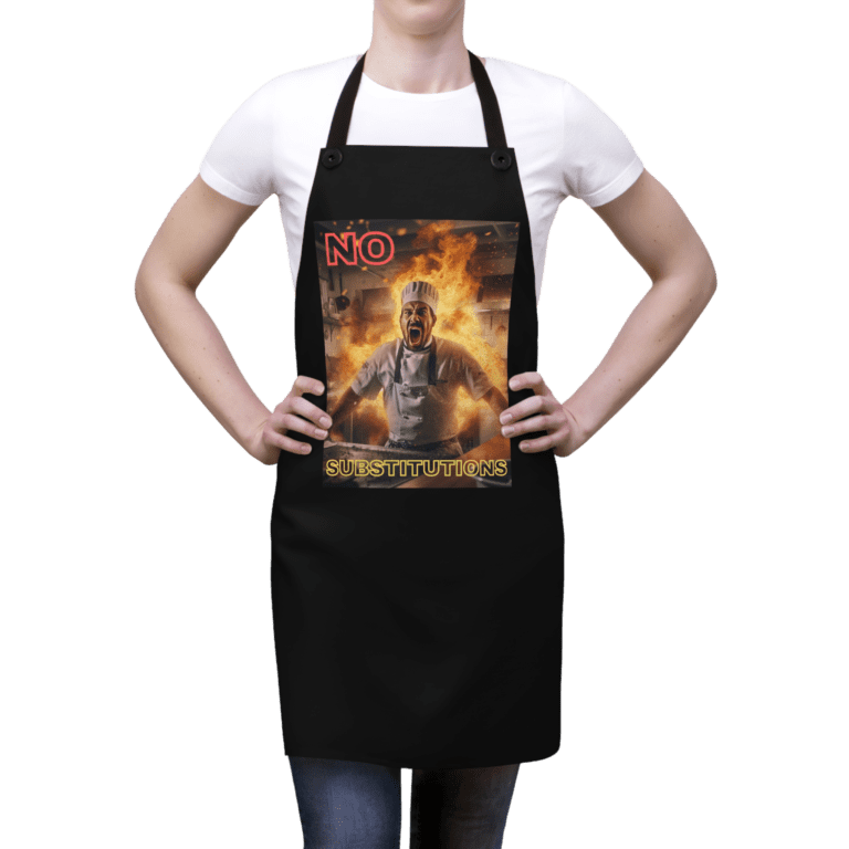 No Substitutions apron worn by a woman.