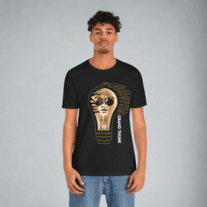Grand Thunk Lighthbulb men's t-shirt worn by a man.