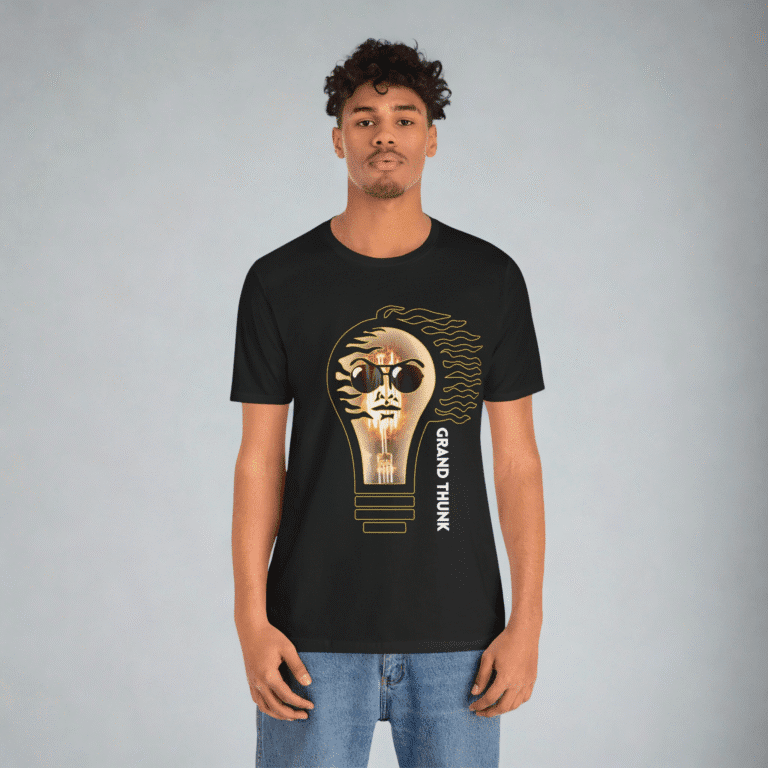 Grand Thunk Lighthbulb men's t-shirt worn by a man.