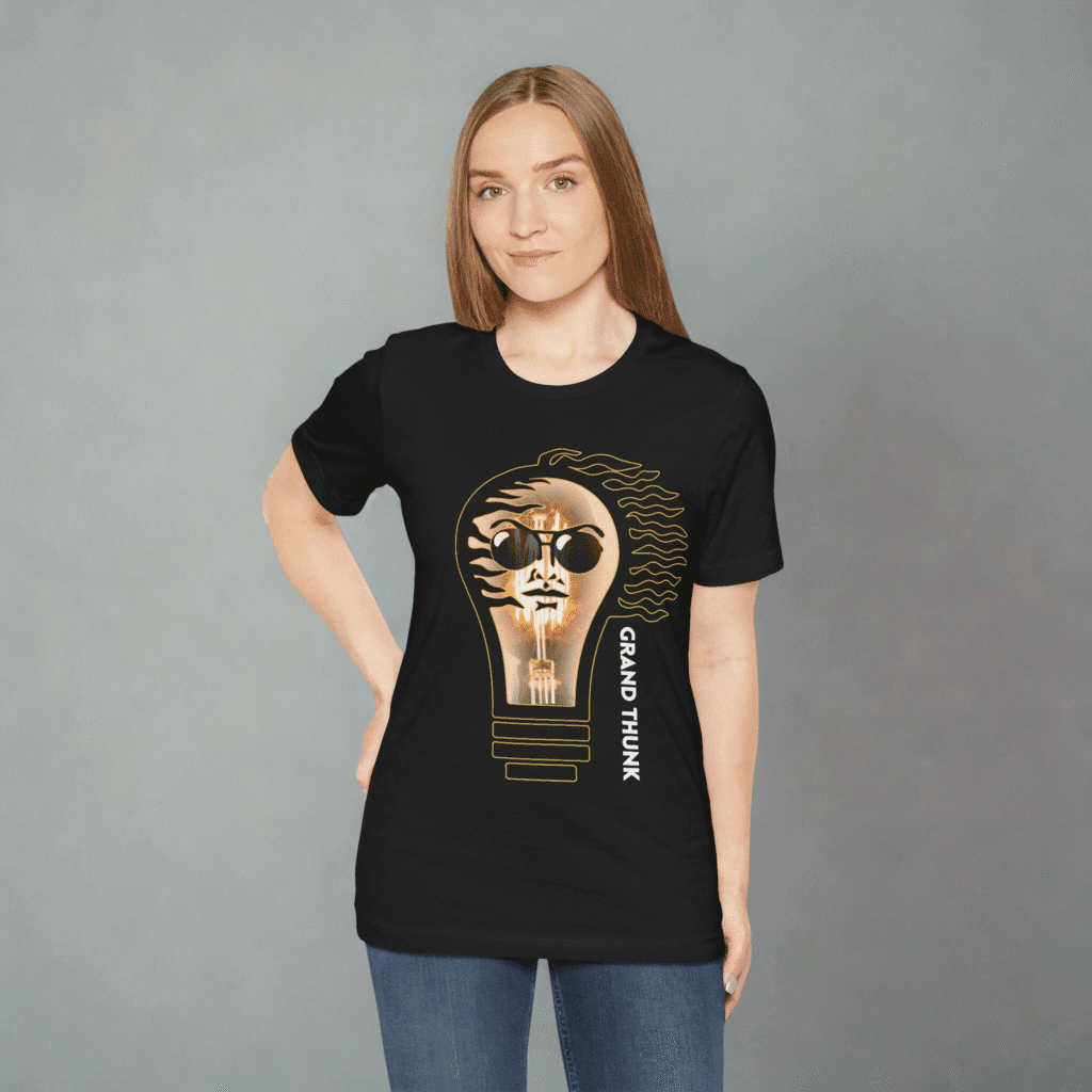 Grand Thunk Lighthbulb women's t-shirt worn by a woman.