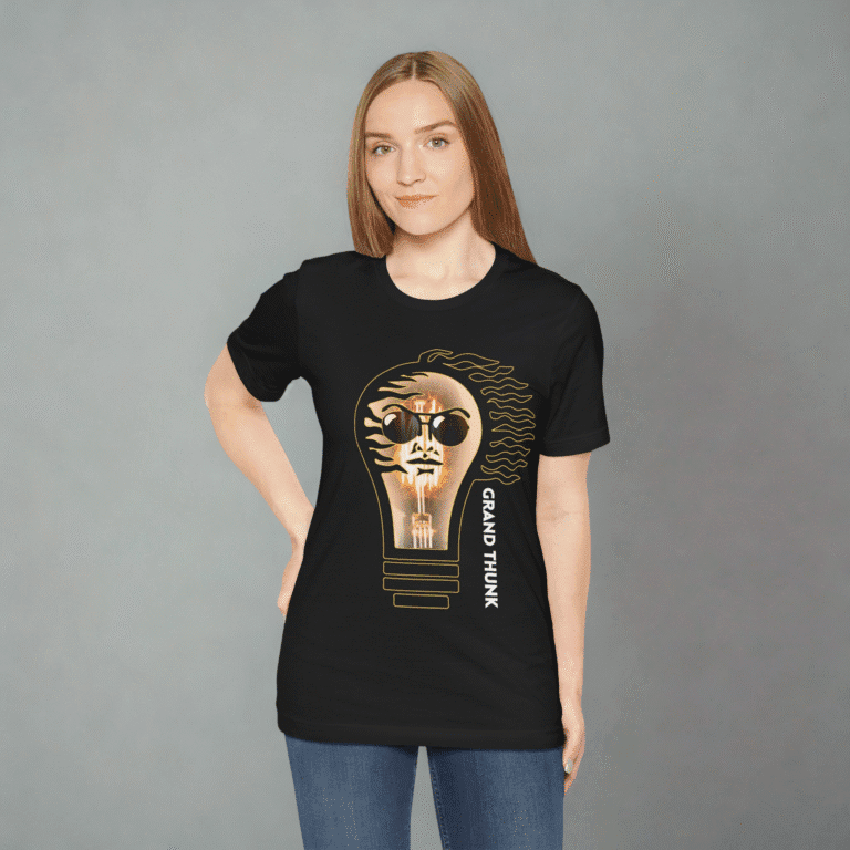 Grand Thunk Lighthbulb women's t-shirt worn by a woman.