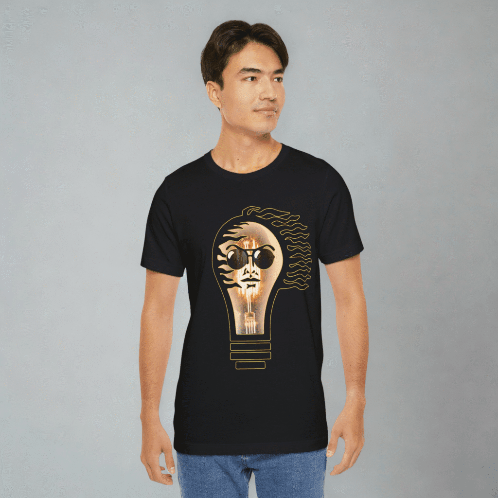 Lighthbulb men's t-shirt worn by a man.