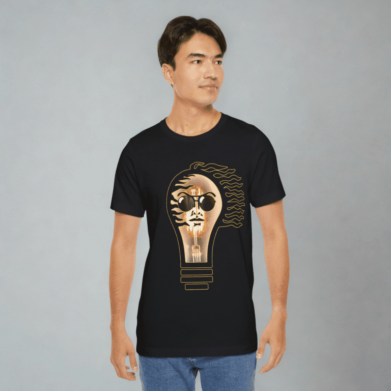 Lighthbulb men's t-shirt worn by a man.