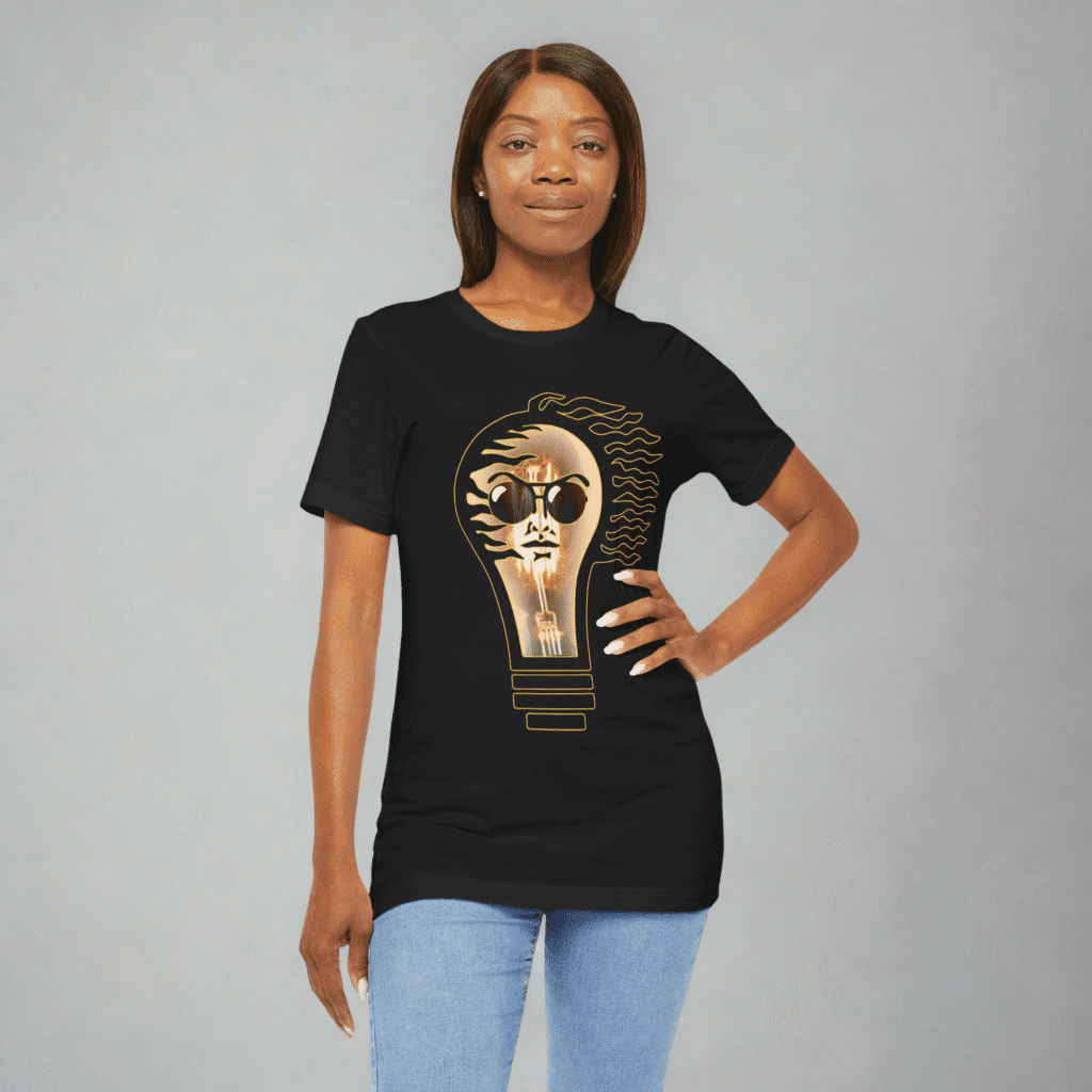 Lighthbulb women's t-shirt worn by a woman.