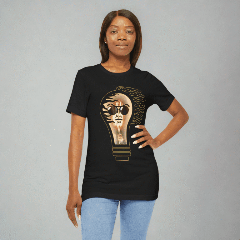 Lighthbulb women's t-shirt worn by a woman.