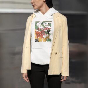 White "Deco Jungle" hoodie worn by a stylish woman.