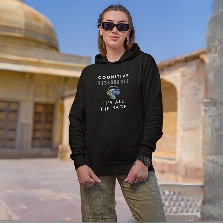 Cognitive Dissonance hoodie worn by a woman.