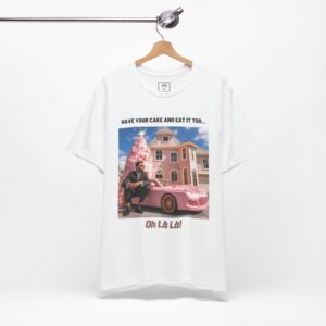 Have Your Cake white t-shirt, hanging view.