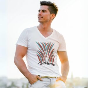 Nature Moderne white v-neck t-shirt worn by a man.