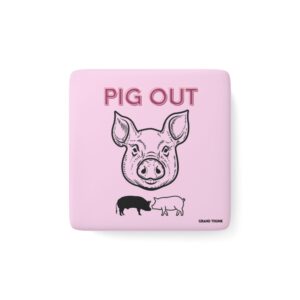 Piggy Pig Out refrigerator magnet, front view.
